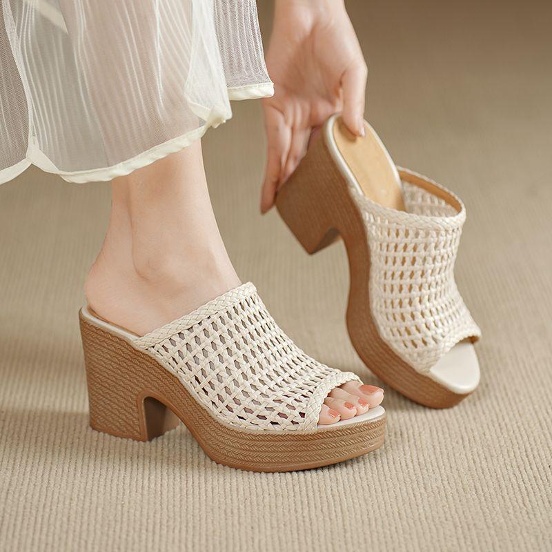 Sandalo con Tacco Alto da Donna Retrò Rete Traforata Trecce Zeppa Ciabatta Estiva Semplice Versatile Quotidiano Casual Piattaforma 2026
