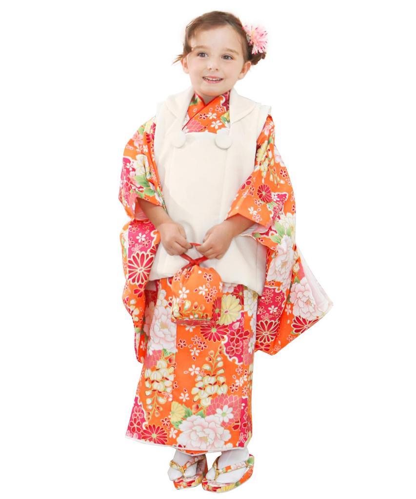 753 Kimono Set for Includes Hifu and Plain Hifu and Full Set Orange Blossom [KYOETSU] 3-Year-Old Girls, Cloth, Accessories, (10. Echo, 90-100cm)