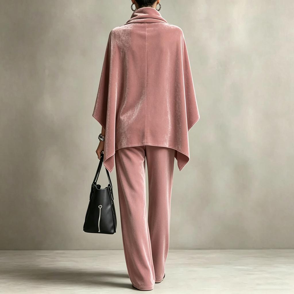 Women's Two Piece Outfit with Cowl Neck Cape Top and Wide Leg Pants, Soft Set for Fall Winter