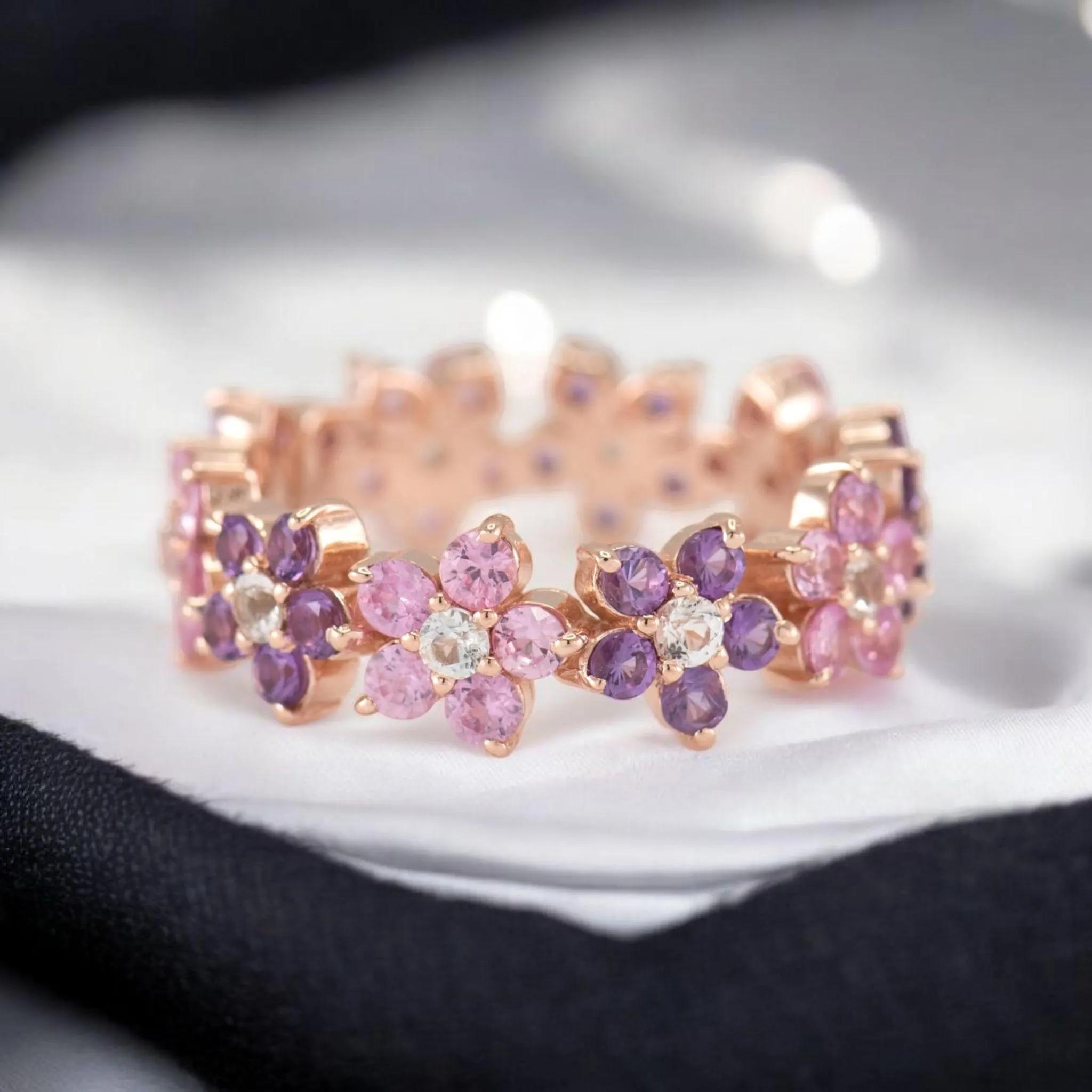 

Кольцо-цветок с розовым сапфиром и аметистом | Позолоченное желтым золотом кольцо-дорожка | Уникальное кольцо с цветочным дизайном для женщин 10 US розовый
