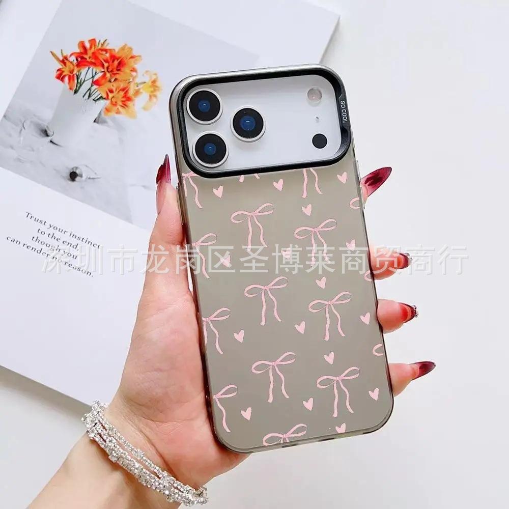 Pink Bow for Apple 15 Colored Silver iPhone14Pro Creative 11promax Matte 16 Protective Cover 17