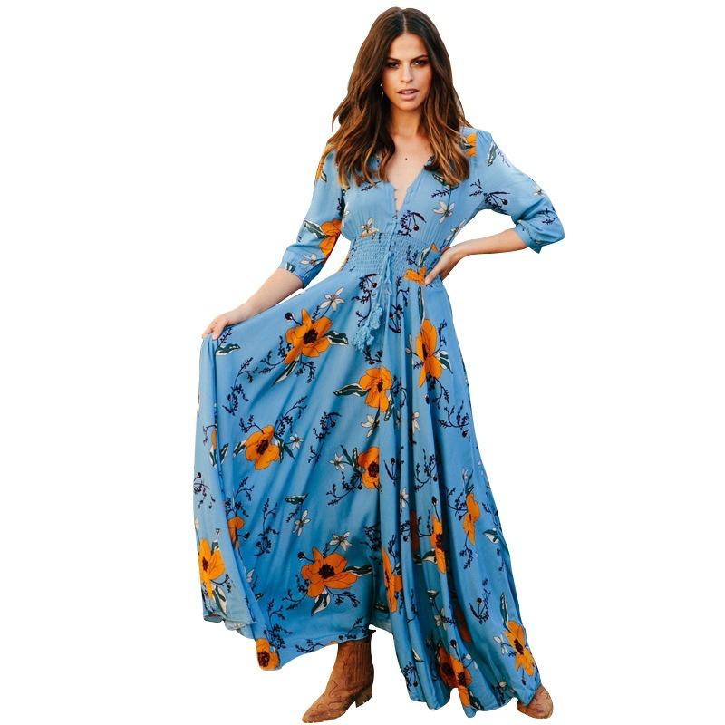 Women's Bohemian Print V-neck Button-up Seven-quarter Sleeve Skirt Dress