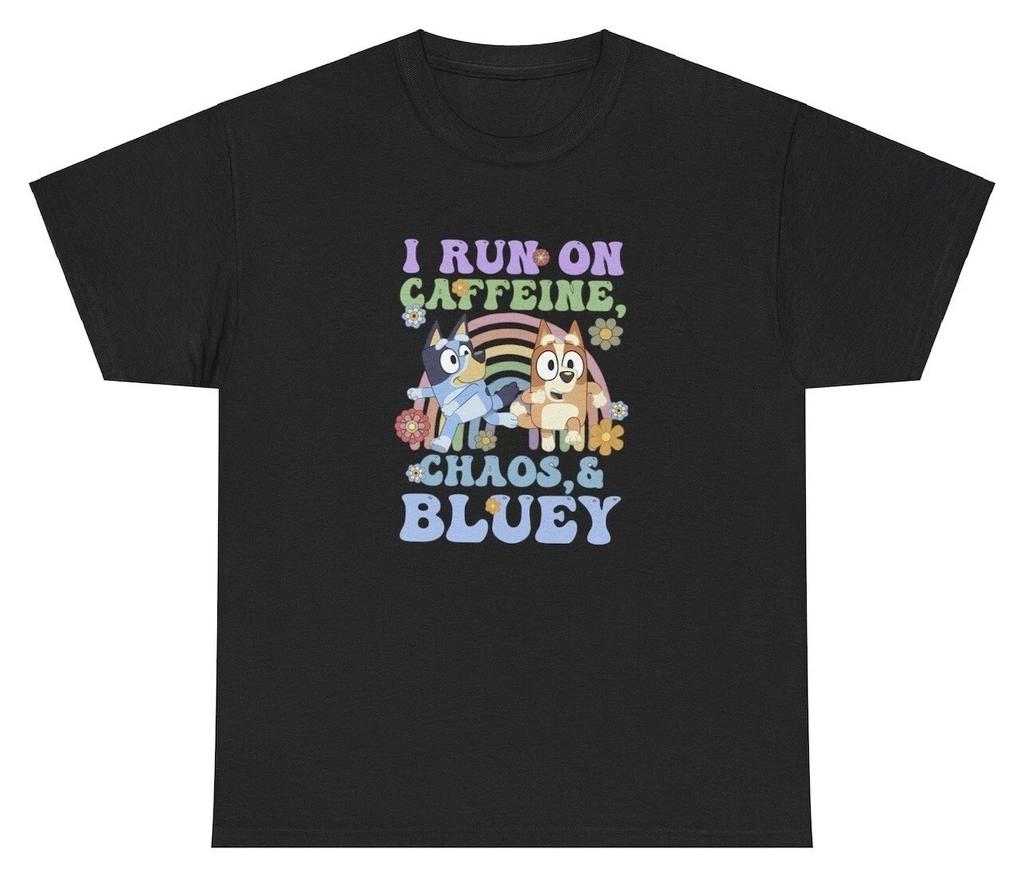 I Run On Caffeine And Chaos T Shirt Funny Bluey Cartoon TV Show Meme Coffee Tee