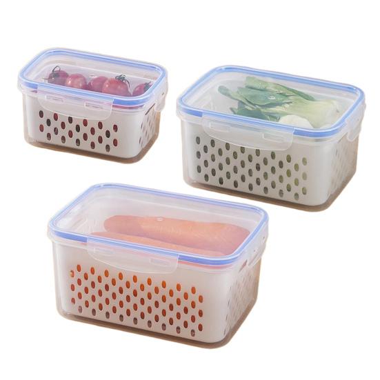 4-In-1 Fruit Vegetable Storage Container with Removable Filter Leak-Proof Airtight PP Storage Box for Washing Draining Stackable Food Organizer
