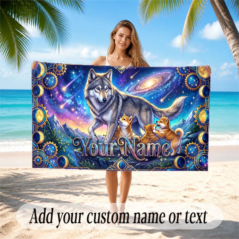 Wolf Theme Beach Towel Personalized Custom Name & Text Soft Quick Dry Beach Towel for Swimming Travel