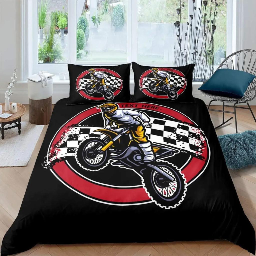 3D Motocross Duvet Cover King Size Microfiber Red Black Dirt Bike Extreme Sports Motorcycle Bedding Set