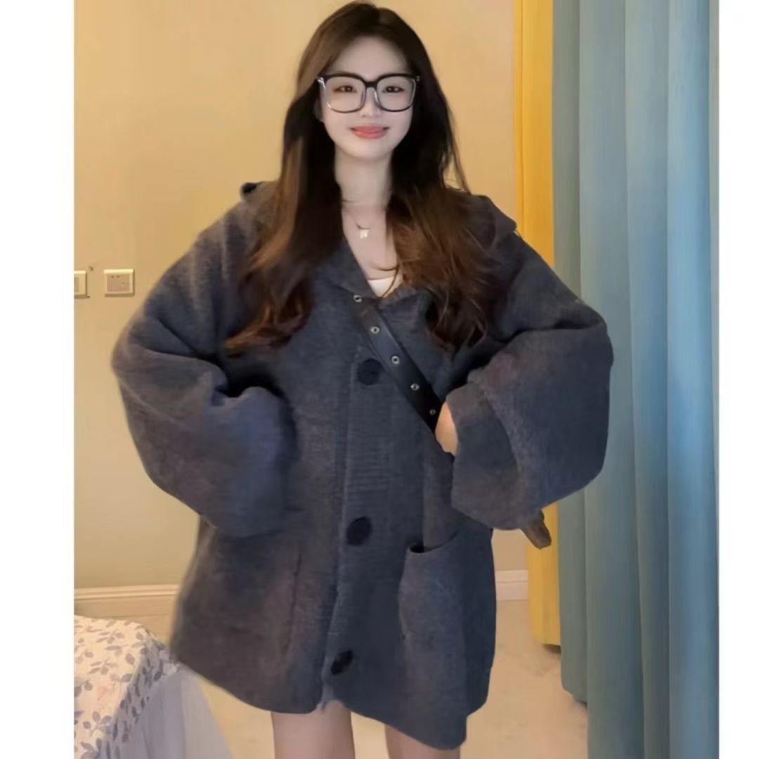 Korean Gray Hooded Sweater Cardigan - Women s Loose Knit Top for Autumn/Winter One Size хаки