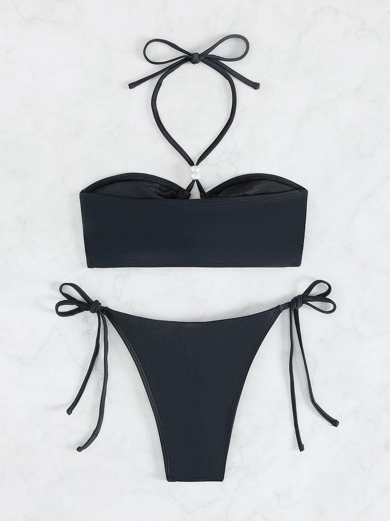 Halter Tie Pearl Decor Sexy Two Piece Bikini Set Elegant Women Swimwear
