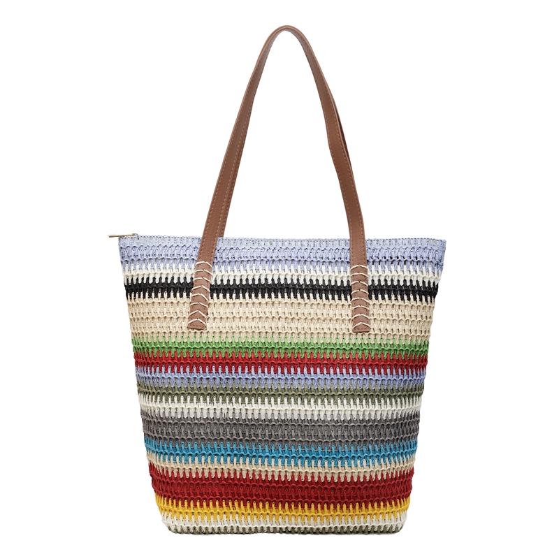 Bolsa de Palha Tecida com Listras Arco-Íris Feminina - 2026 Bolsa de Ombro de Grande Capacidade para Férias na Praia e Deslocamento