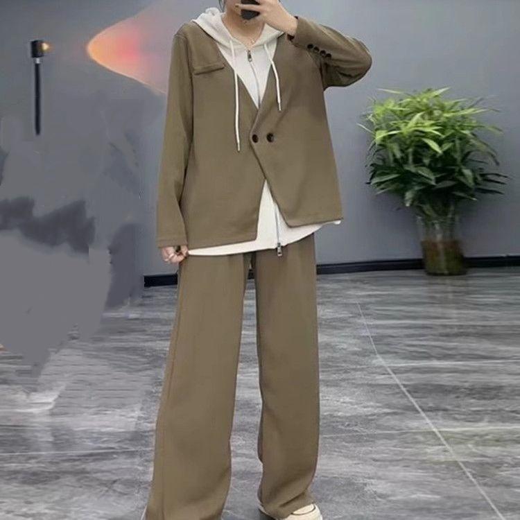 Plus Size Lazy Style Fake Two-piece Hooded Sweater Suit Women's Autumn and Winter Wide-leg Pants Two-piece Suit