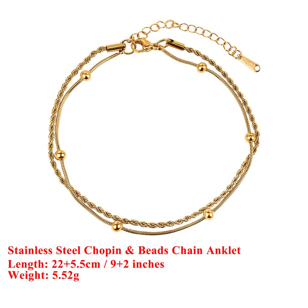 Effie Queen Stainless Steel Chopin & Beads Chain Anklet Simple Jewelry for Women Vacation Summer Beach Ankle Accessory STCA03