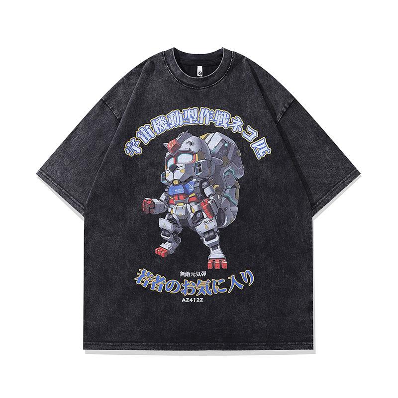 American Street Trendy Brand Retro Cartoon Heavy And Old Short-Sleeved T-Shirt Men'S Guochao Hip-Hop Half-Sleeved Tee Shirt