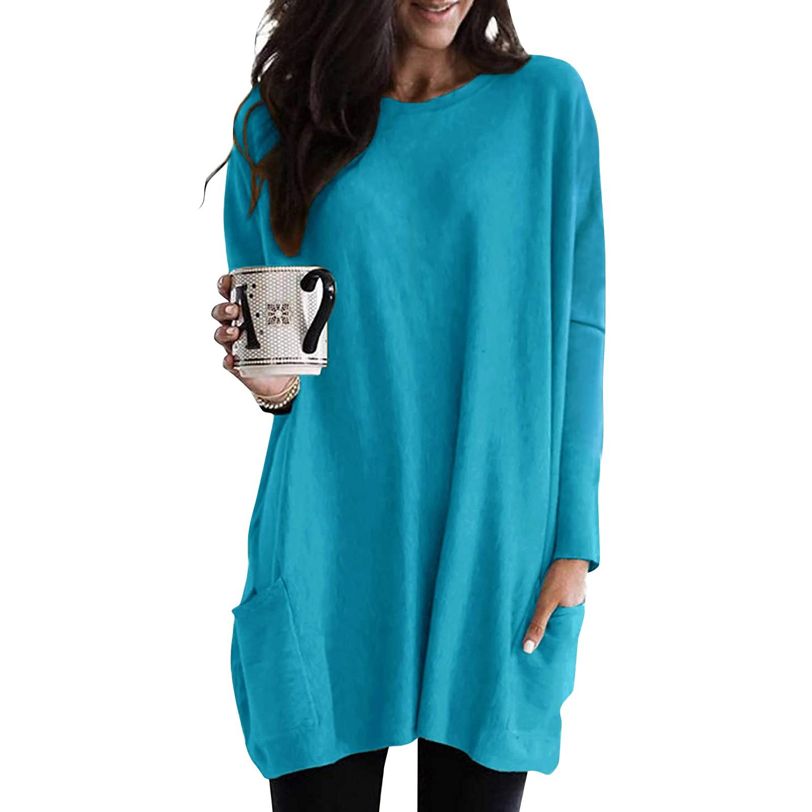 

Женская мода, повседневный топ с круглым вырезом, небольшим карманом, средней длины, однотонный, с длинными рукавами XL