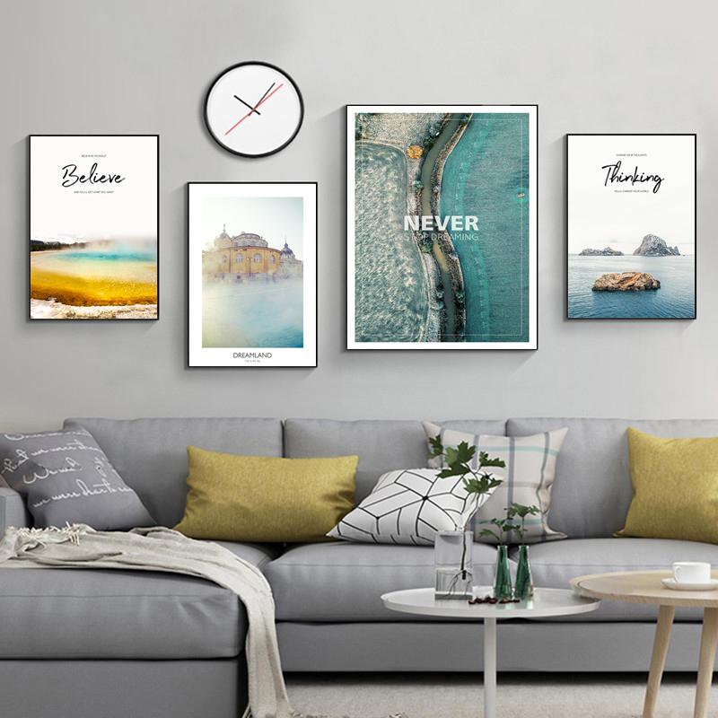 Nordic Style Beautiful Seascape Canvas Painting Beach Building Wall Art Posters Pineapple Stone Sea Pictures for Room Home Decor