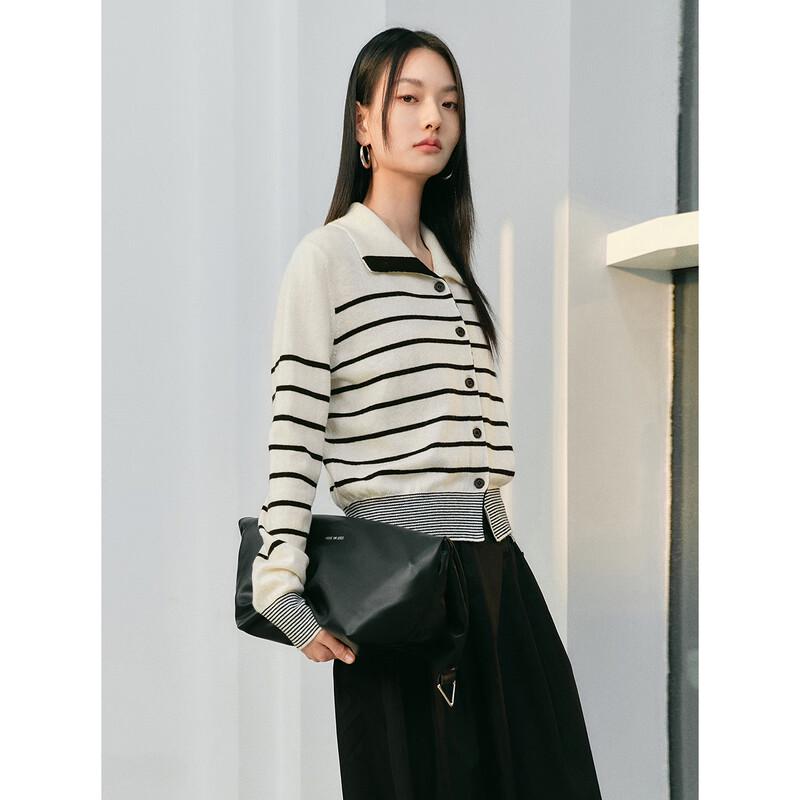 PEACEBIRD Women's Slim-Fit Color-Block Stripe Lapel Knit Sweater