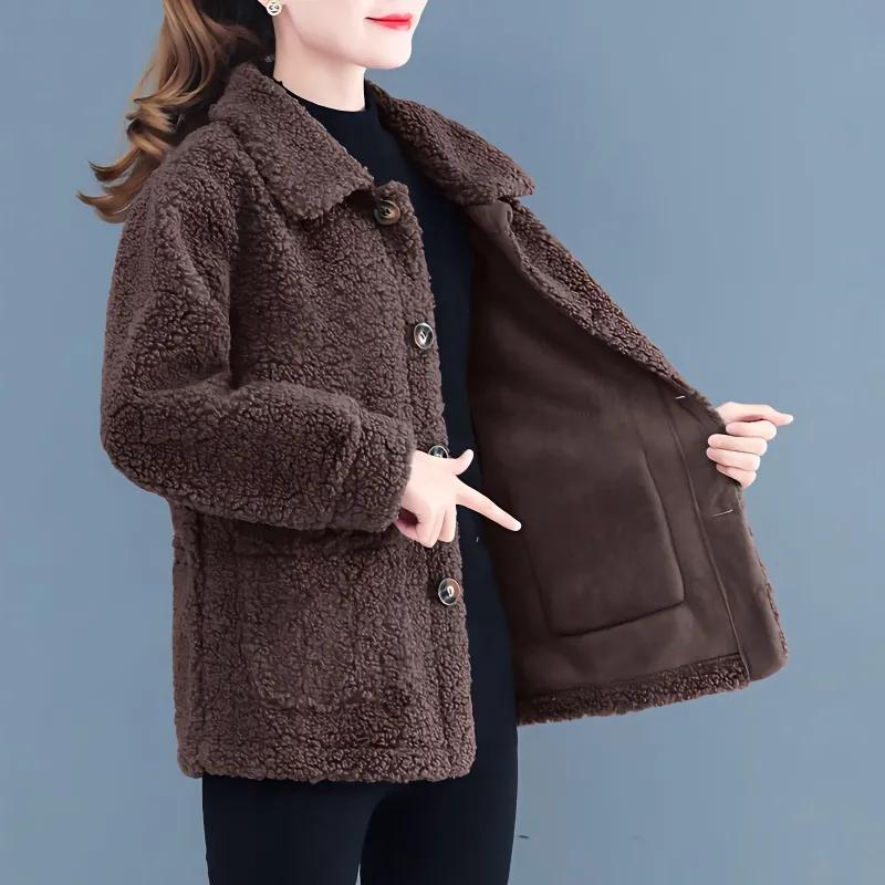 Women Jacket Lambskin Ladies Granular Fleece Cardigan Coat Autumn Winter Short Style for Middle-Aged Women