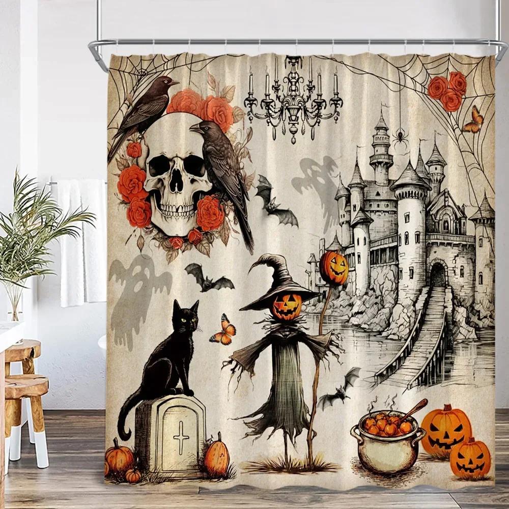 Skull Halloween Shower Curtain Scary Skull Flower Ghost Pumpkin Happy Bathroom Decoration Retro Shower Curtain