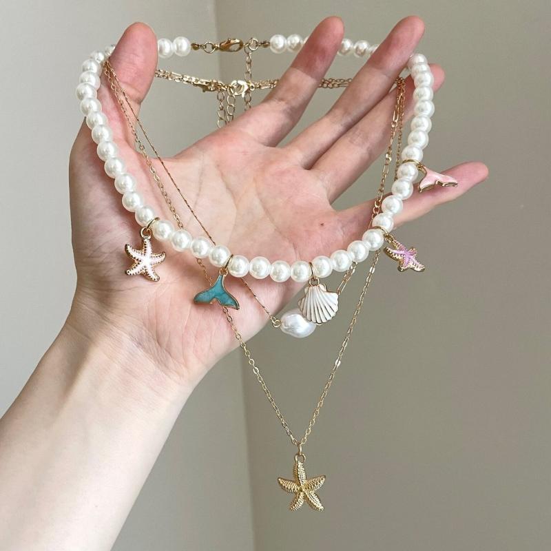 Boho Layered Pearl Starfish Shell Necklace Ocean Theme Choker For Women Summer Beach Vacation Jewelry
