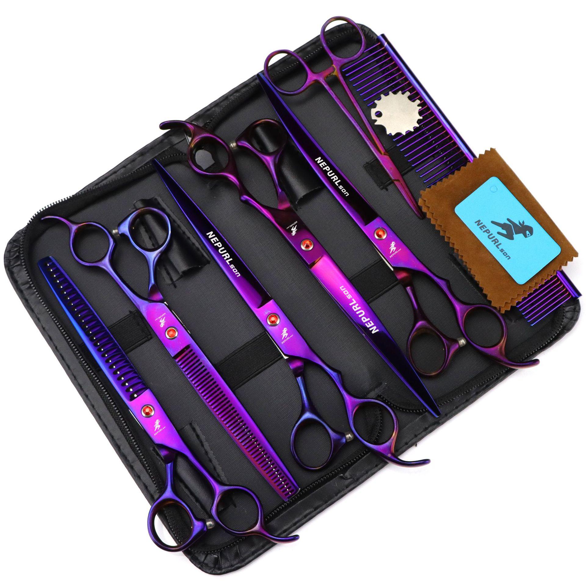 8.0 Inch Nimpson Purple 5-Pack, High-End Pet Grooming Scissors, Straight Scissors, Curved Scissors Pet Set 8.0inch purple 5-pack