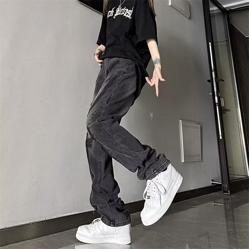 Women's Vintage Washed Ripped Flare Jeans - Loose Straight Leg Summer Pants