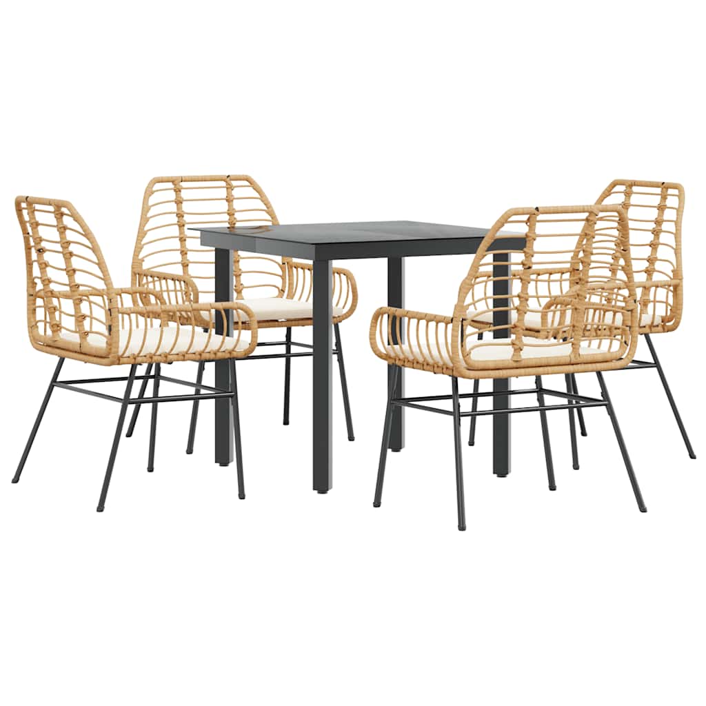 5 Piece Outdoor Dining Set with Cushions Brown Poly Rattan Glass Table