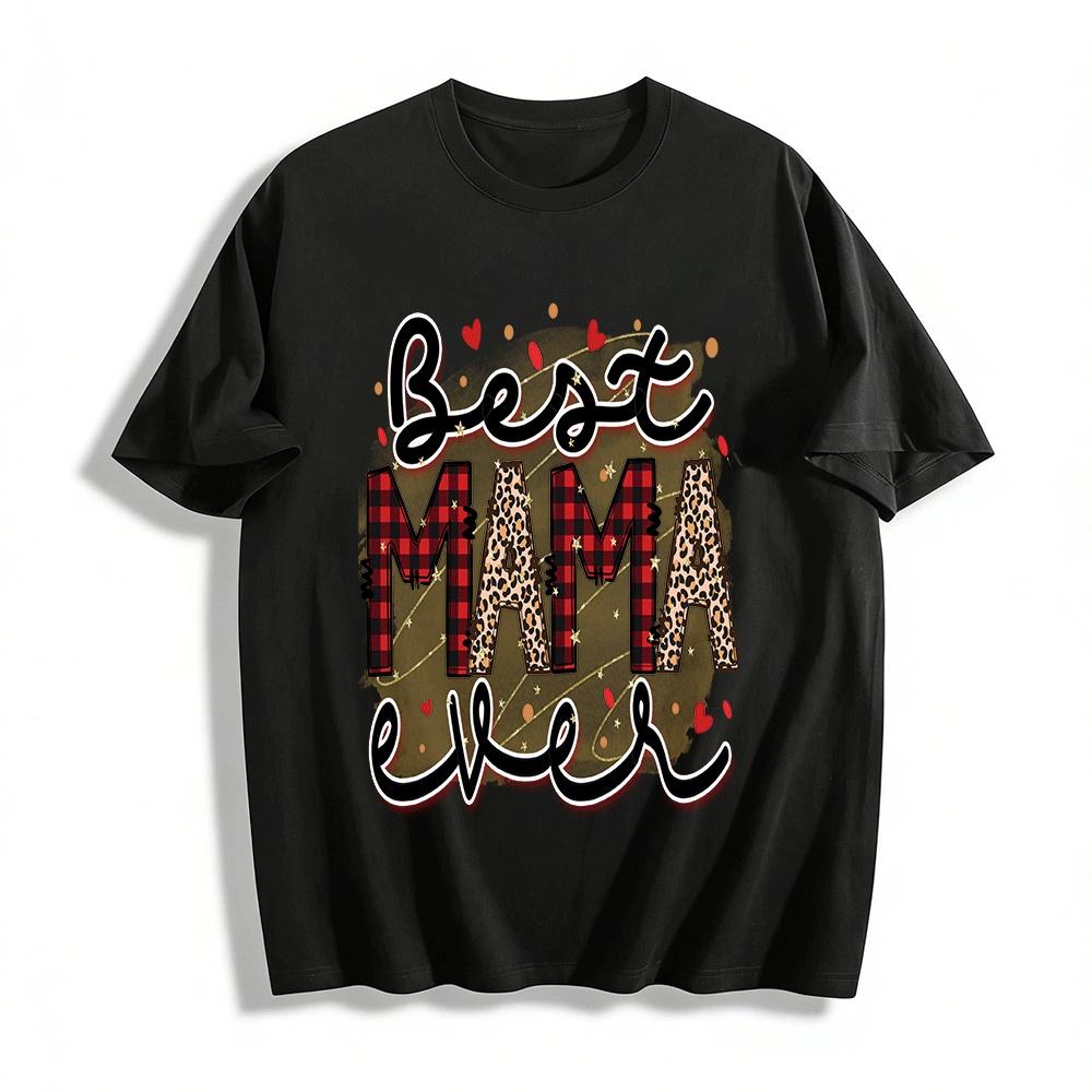 Best MAMA Ever Leopard & Plaid Print Casual Short Sleeve Tee Pure cotton T-shirt XXS