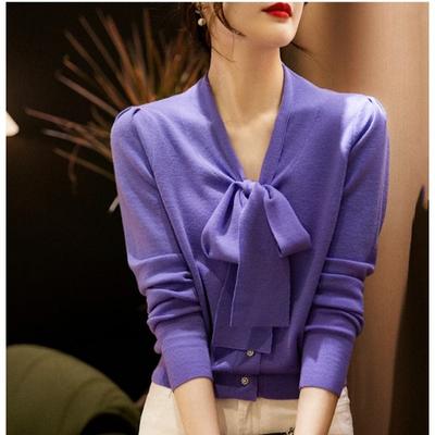 Light Luxury Elegant Bow Tie Collar Long Sleeve Sweater Knitted Cardigan Women's Autumn Winter High Quality Slim Pullover Top