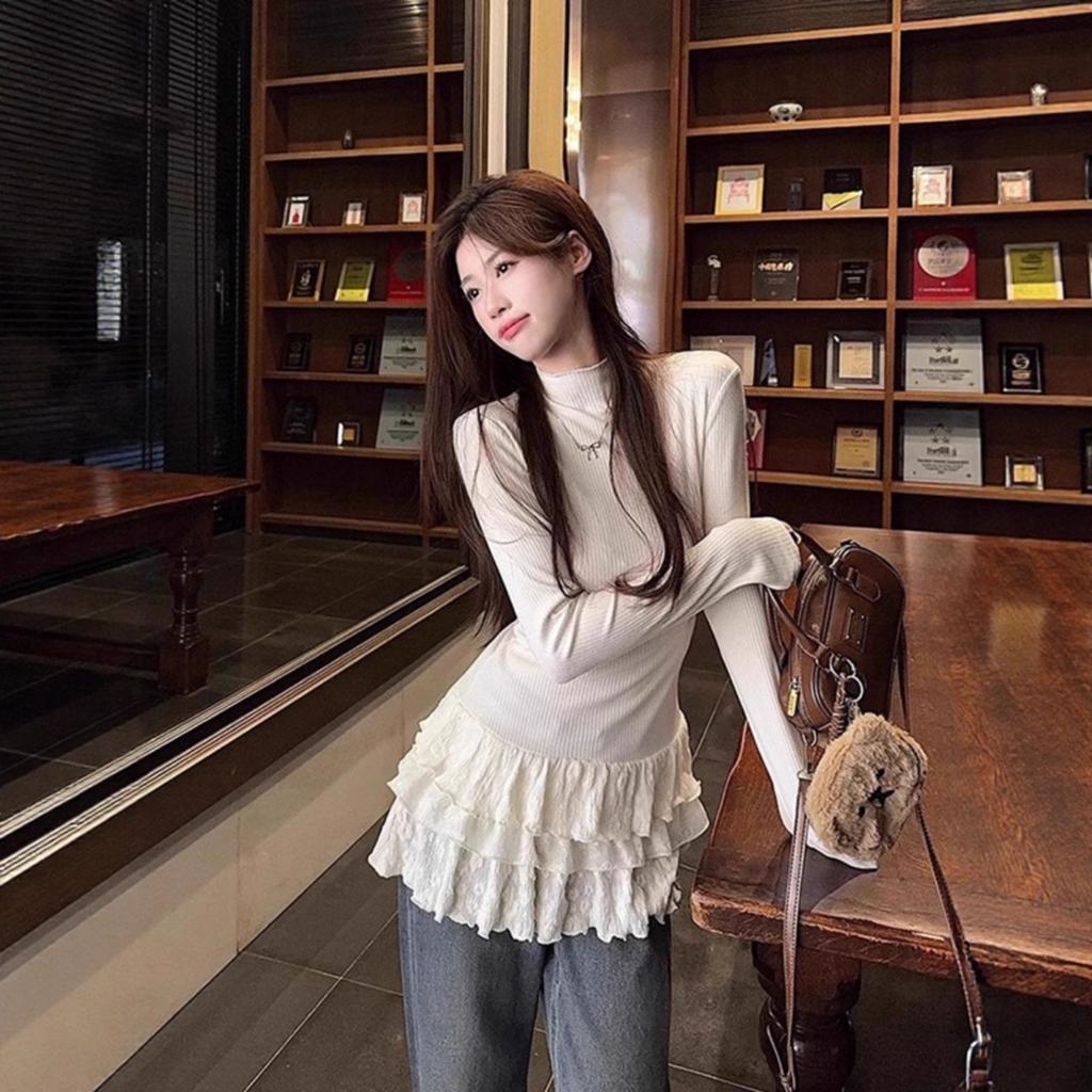 Semi-turtleneck Fungus Edge Lace Bottoming Shirt Women's Top Autumn and Winter New Polished Fleece Long Inner Sleeve Chic Hem