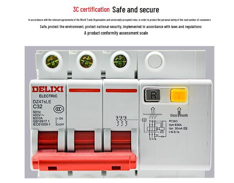Delixi DZ47SLE 3-Phase Earth Leakage Circuit Breaker with 3P Protection, 380V