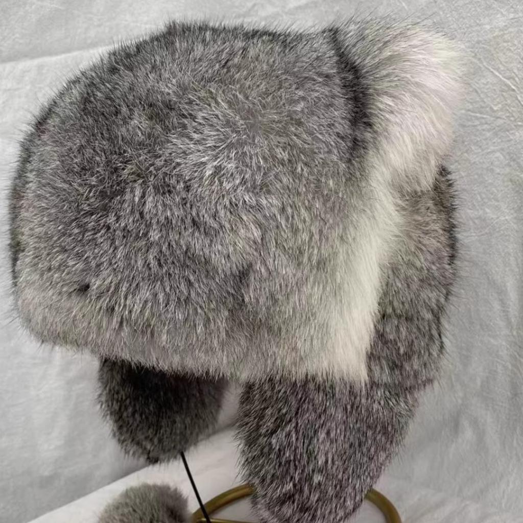 Rabbit Fur Whole Leather Hat Cat Ear Hat Autumn and Winter Ladies Sweet Cute Ball Fur Ear Hat Thickened Warm