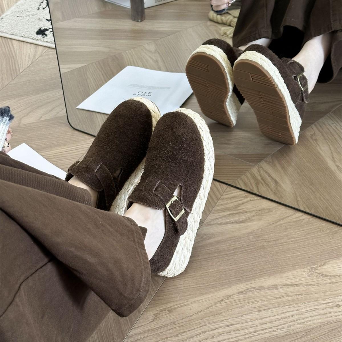 

2025 осень и зима новая круглая голова внутренний плетеный из пеньки танкетка матовая кожа толстая подошва Boken женские туфли-лодочки 35