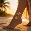 Gold Tone Flower Open Cuff Anklet For Women Shell Inspired Floral Adjustable Foot Jewelry For Beach Vacation