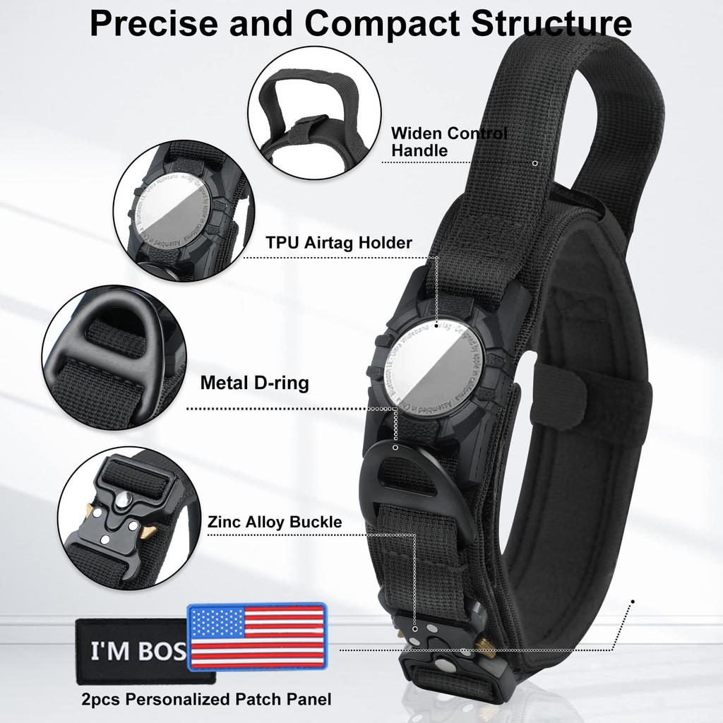 Tactical AirTag Dog Collar, with AirTag Holder and Handle Military Dog Metal Buckle Adjustable GPS Collar for Medium Large Dogs