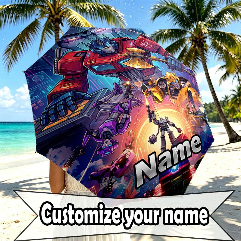 Custom Name Personalized Transformers Print Umbrella, Auto Open Close, 8‑Rib Sturdy Frame, Commute Camping Hiking Use, Birthday Gift