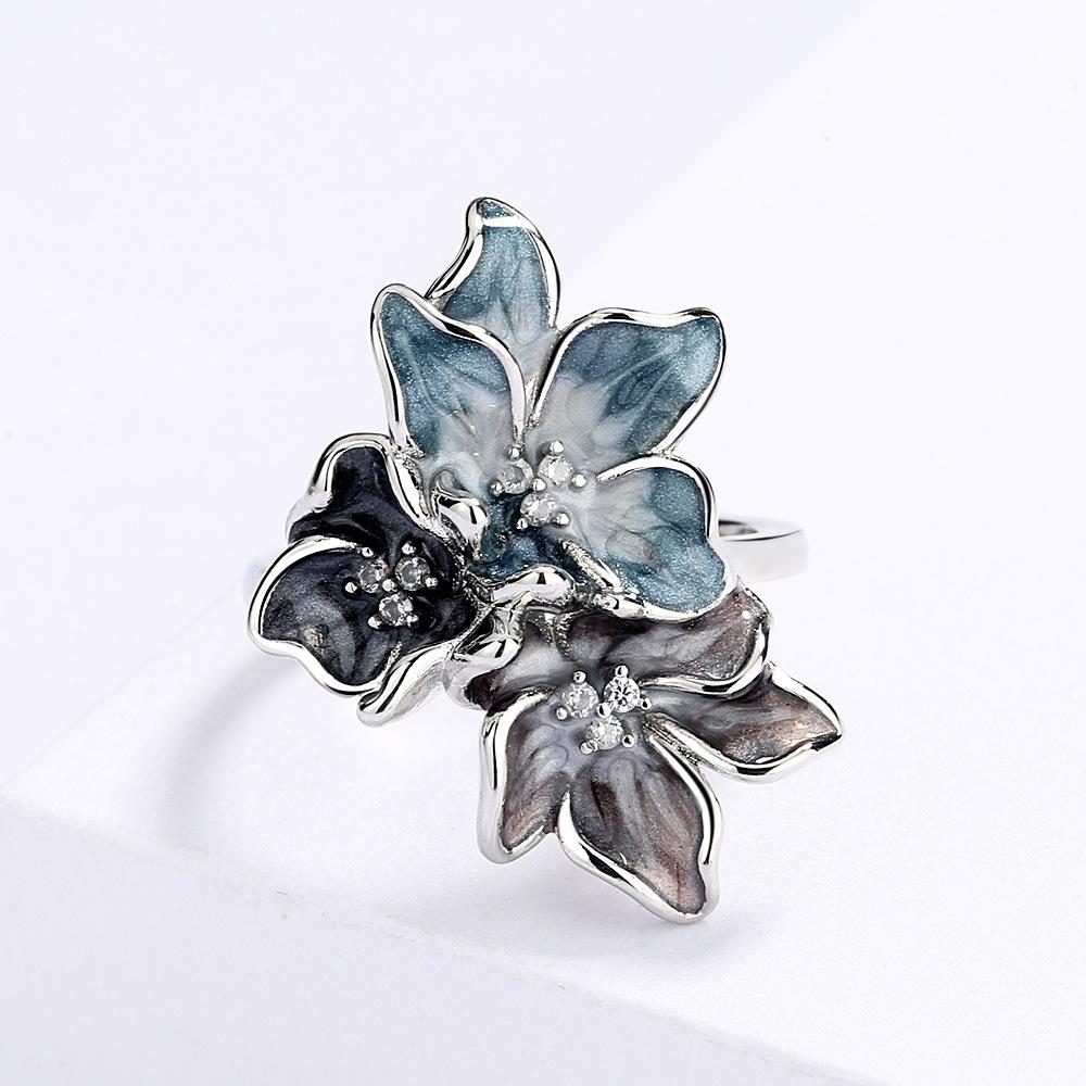 Export Simple Chinese Style Splashing Ink Effect Epoxy Inlaid Zircon Retro Flower Women'S Ring