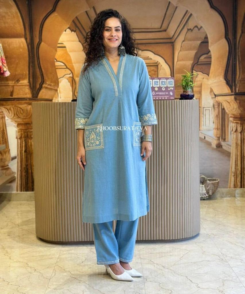 Women Designer Heavy Cotton Kurta Pant Set Embroidered Party Wear Top Tunic Kurti Dress