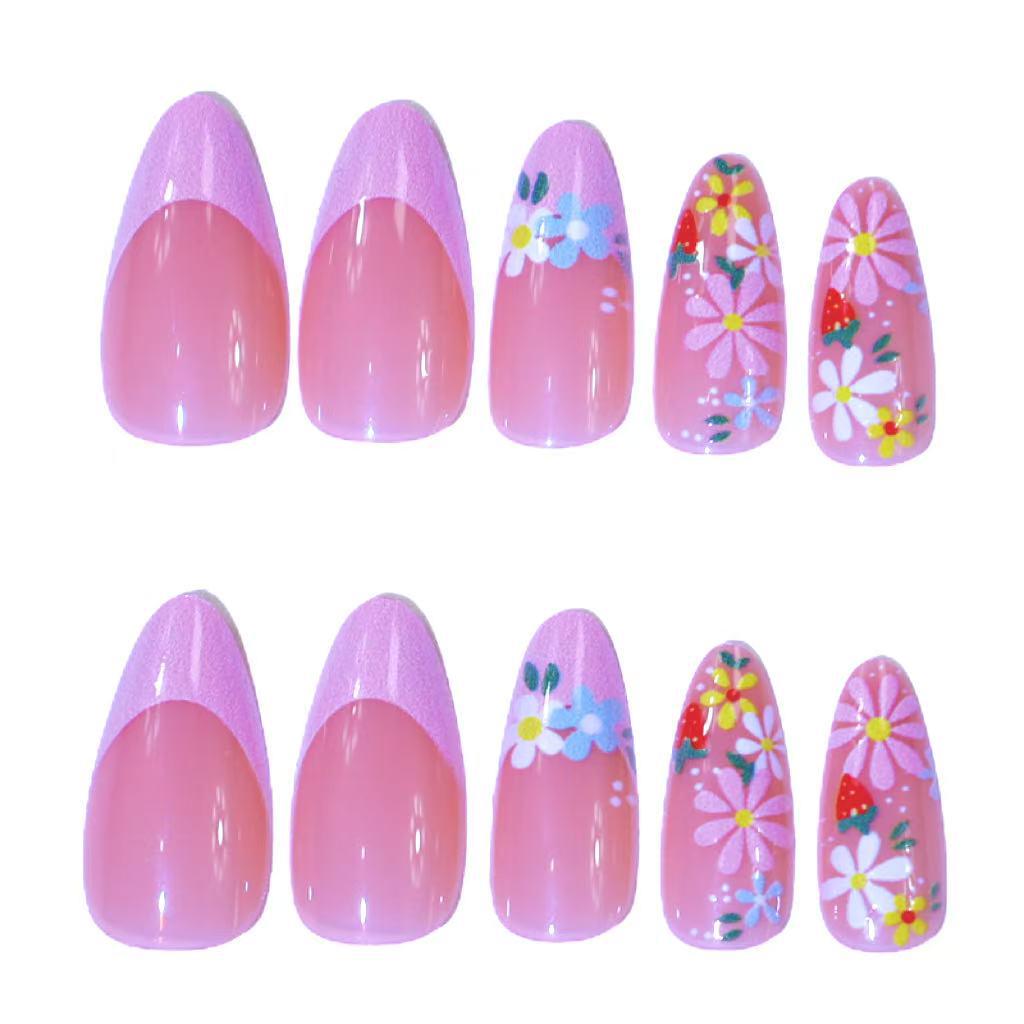 European & American Pink Floral French Almond Press-On Nails