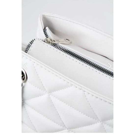 Weiße, gesteppte Handtasche und Umhängetasche aus Leder mit 3 Fächern, Reißverschluss und Kettenriemen, gefüttert