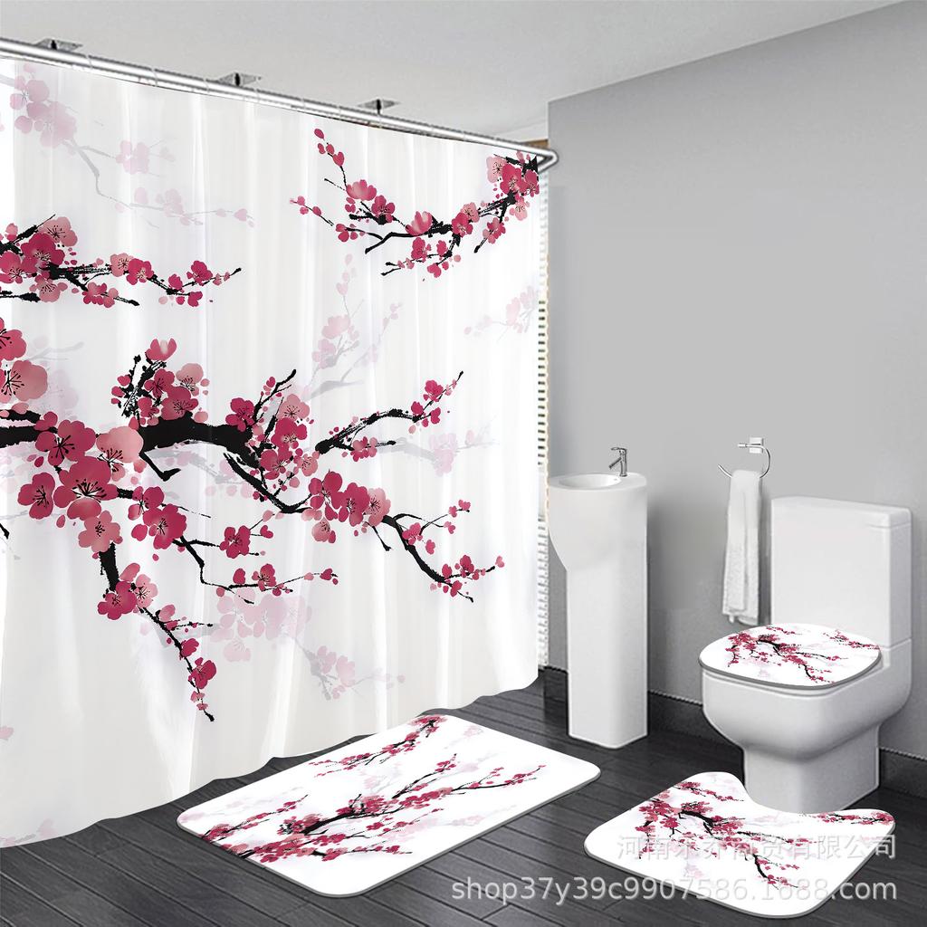 Luxurious HD Plum Blossom Shower Curtain Set - Personalized Design, Four Pieces