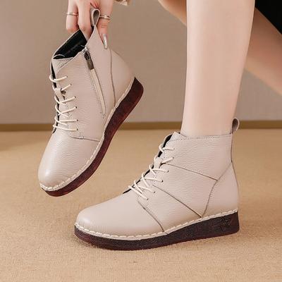 Neue Winter Plüsch Stiefeletten Frau Schnürschuhe für Frauen Winter warm echtes Rindsleder Stiefeletten Damen flacher Absatz kurzer Stiefel