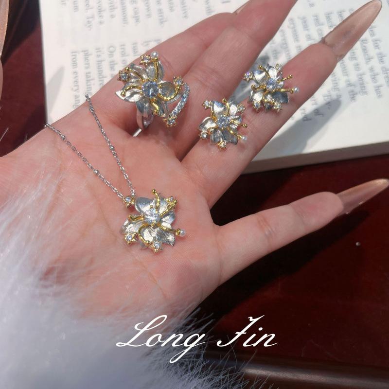 Handmade Brushed Gold Gardenia Necklace, Stud Earrings, Ring Set, Light Luxury And High-End Generation
