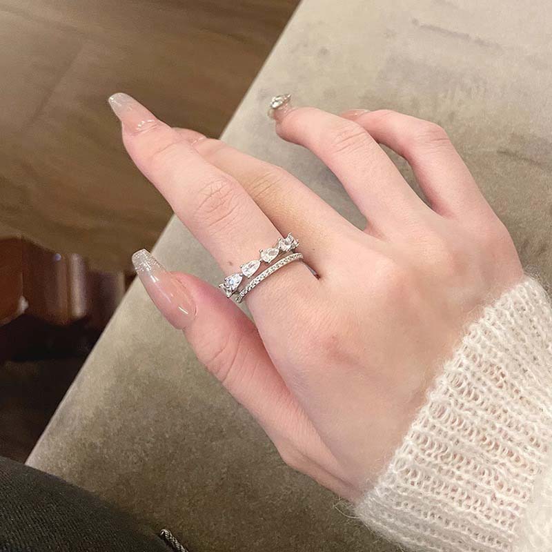 Luxury Zircon Water Drop Open Rings For Women Girl Exquisite Double-Layered Adjustable Finger Ring Wedding Jewelry Gift