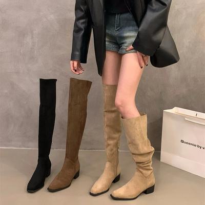 Fashion Street Style Women Stretch Modern Boots Casual Pleated Slip On Shoes Autumn Winter Ladies Long Booties