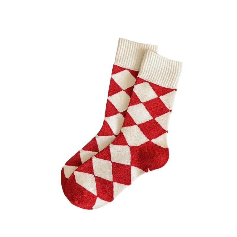 New Year'S Wool Socks, Big Red Luck Socks, Winter Love Checkered Warm And Comfortable Socks
