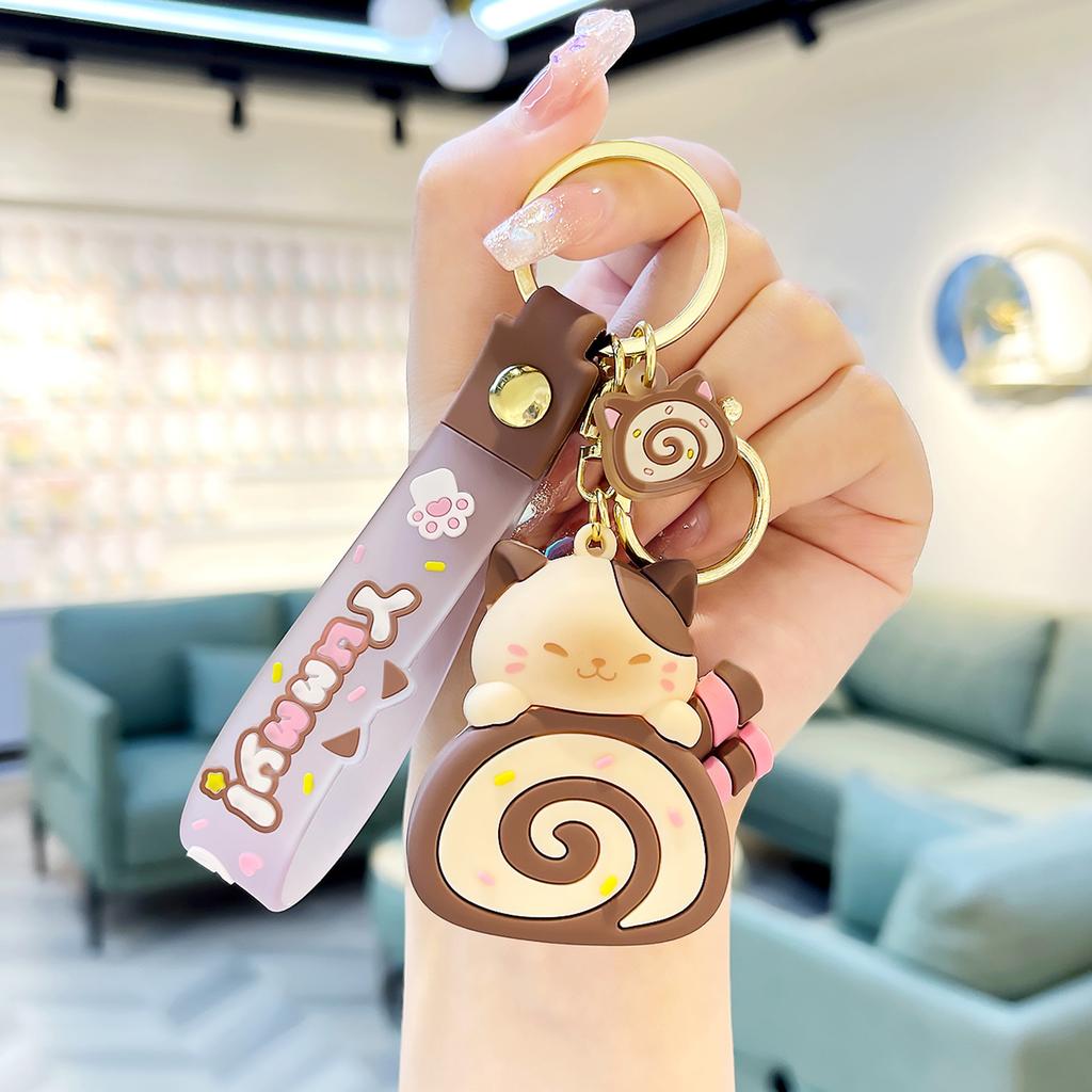 Cartoon Cat Cake Roll Keychain Jewelry Chic Cat Cake Roll Pendant Keyrings Phone Lanyard Key Chain Charm for Bag Purse