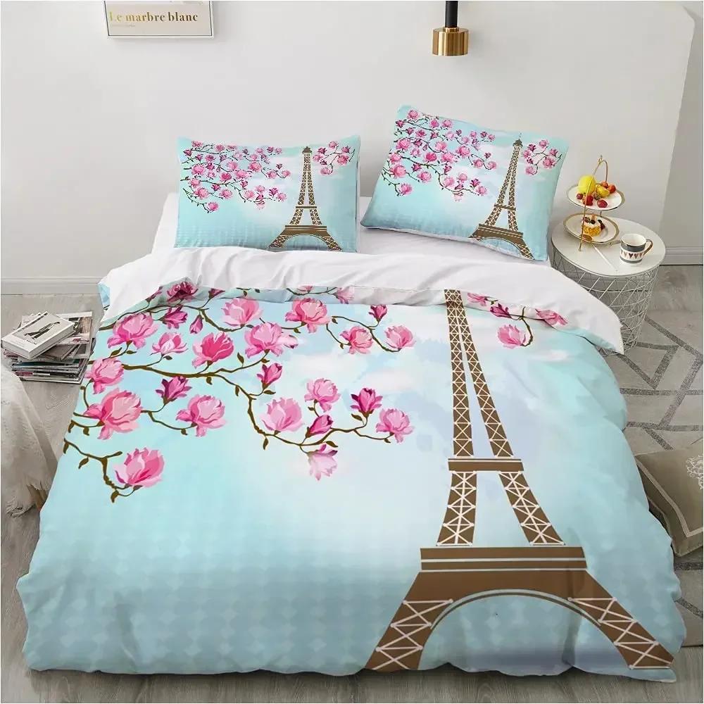 Eiffel Tower Duvet Cover Set King Size Vintage Beautiful World Famous Building Sakura Twin Polyester Bedding Set For Kids Girls