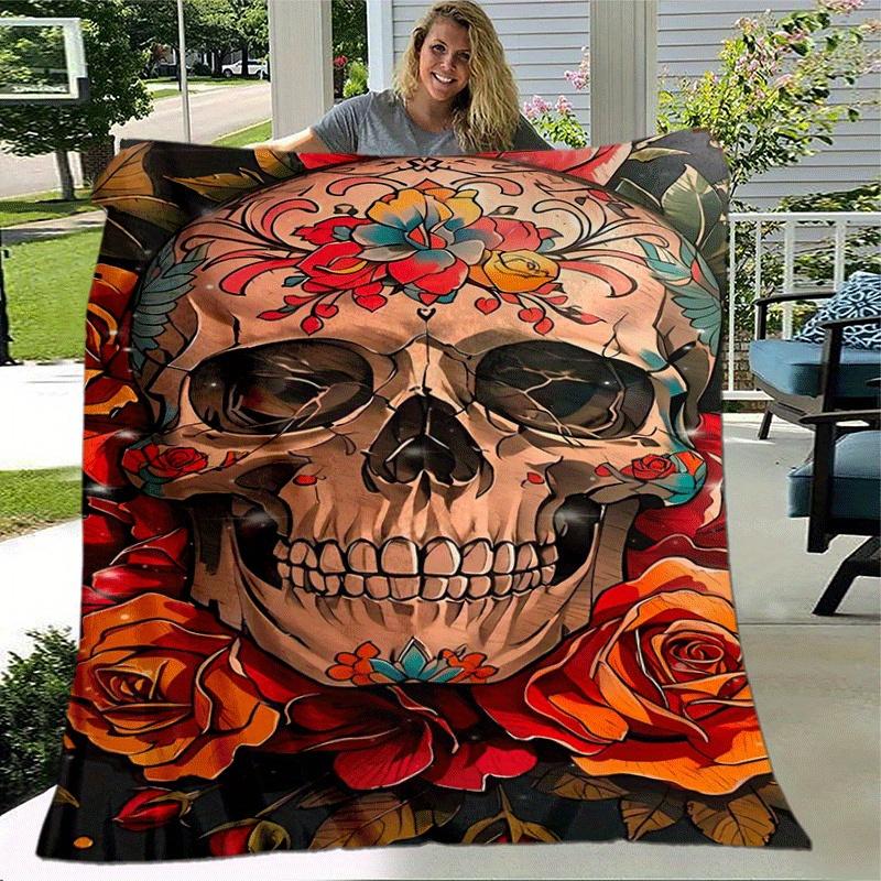 1pc Skull Printing Lightweight Flannel Blanket, Comfortable and Warm Blanket, for Camping Sofa Bed and Couch Office, Gift