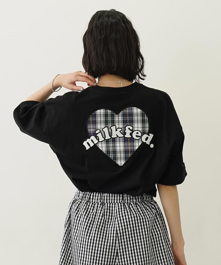 Milkfed Casual PLAID HEART WIDE TEE BLACK S/S Women's