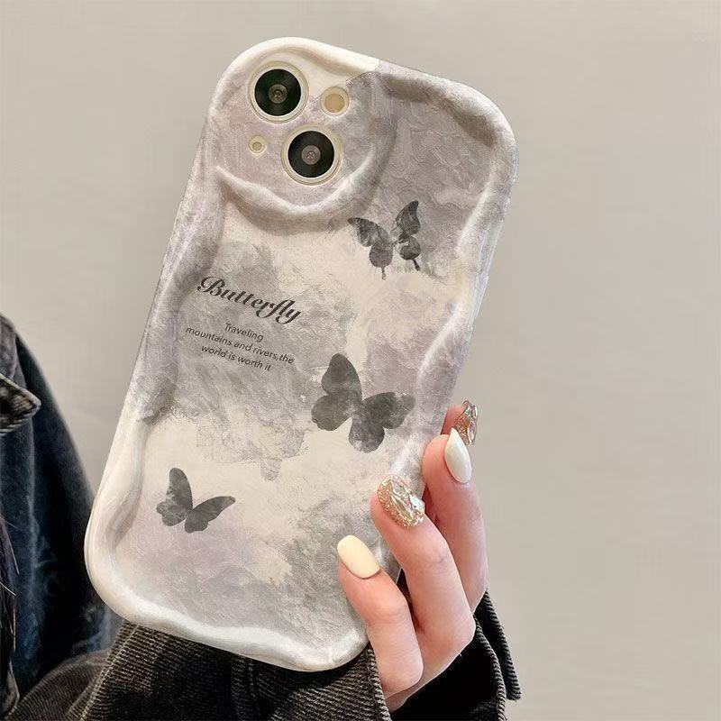 Art butterfly suitable for Apple 17Promax mobile phone case iPhone15 women's 14 cream pattern 16Promax new model