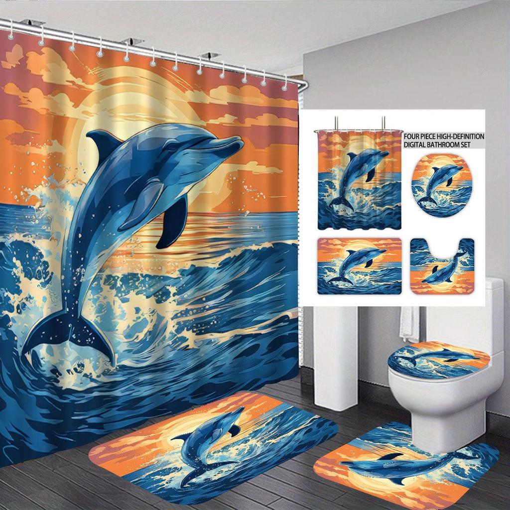 Su Geçirmez Polyester Banyo Seti: Dört Parçalı Duş Perdesi ve Kalınlaştırılmış Tuvalet Su Engelleyici